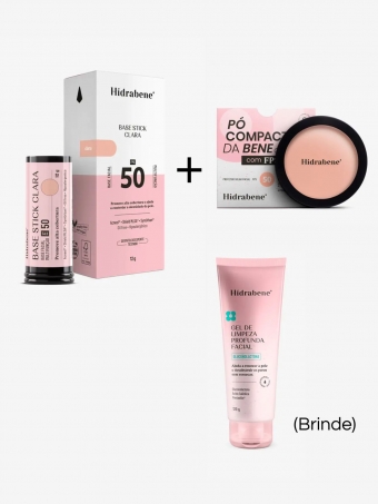 Base Stick FPS 50 Clara - Pó Compacto FPS 50 Claro - Gel de Limpeza Profunda (Brinde)