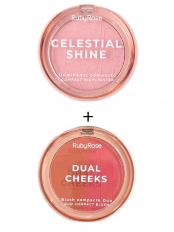 Combo Blush Compacto Dual Cheeks 1-2 e Iluminador Celestial Shine Radiante Aura Ruby Rose
