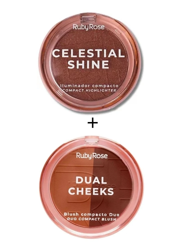 Combo Blush Compacto Dual Cheeks 7-8 e Iluminador Celestial Shine Glowing Embers Ruby Rose