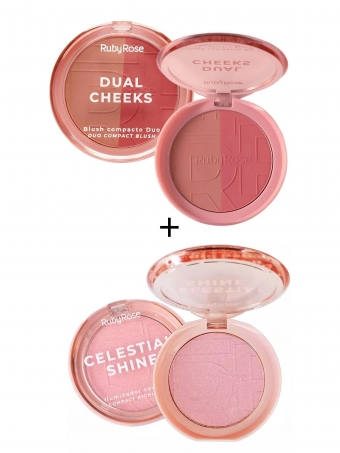 Combo Blush Compacto Dual Cheeks 1-2 e Iluminador Celestial Shine Radiante Aura Ruby Rose