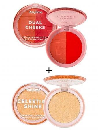 Combo Blush Compacto Dual Cheeks 5-6 e Iluminador Celestial Shine Champagne Gleam Ruby Rose