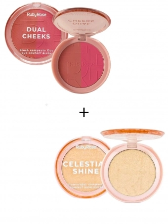 Combo Blush Compacto Dual Cheeks 3-4 e Iluminador Celestial Shine Prism Light Ruby Rose