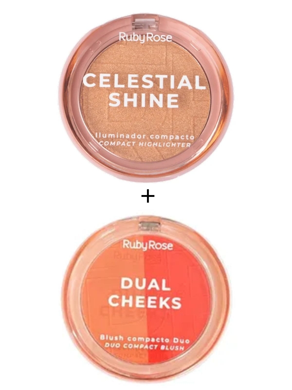 Combo Blush Compacto Dual Cheeks 5-6 e Iluminador Celestial Shine Champagne Gleam Ruby Rose